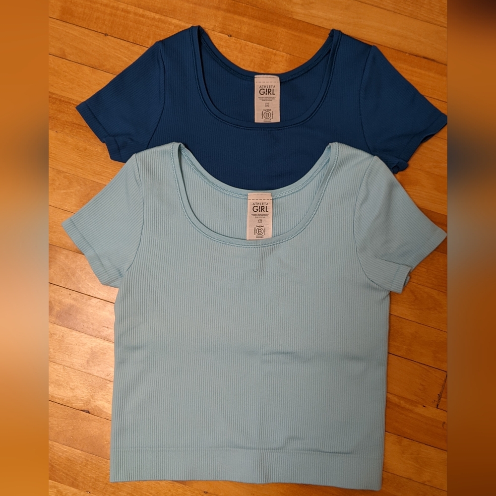 Two Athleta Girl Blue Ribbed Tops